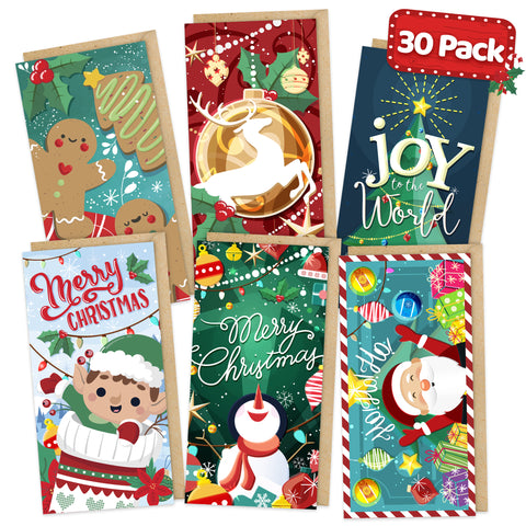 Christmas Money Cards with Kraft Envelopes - 30 Pack
